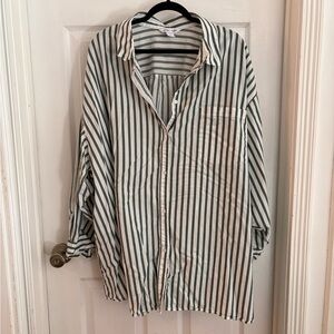 Striped Green and White Button-Up Shirt - Boyfriend Fit